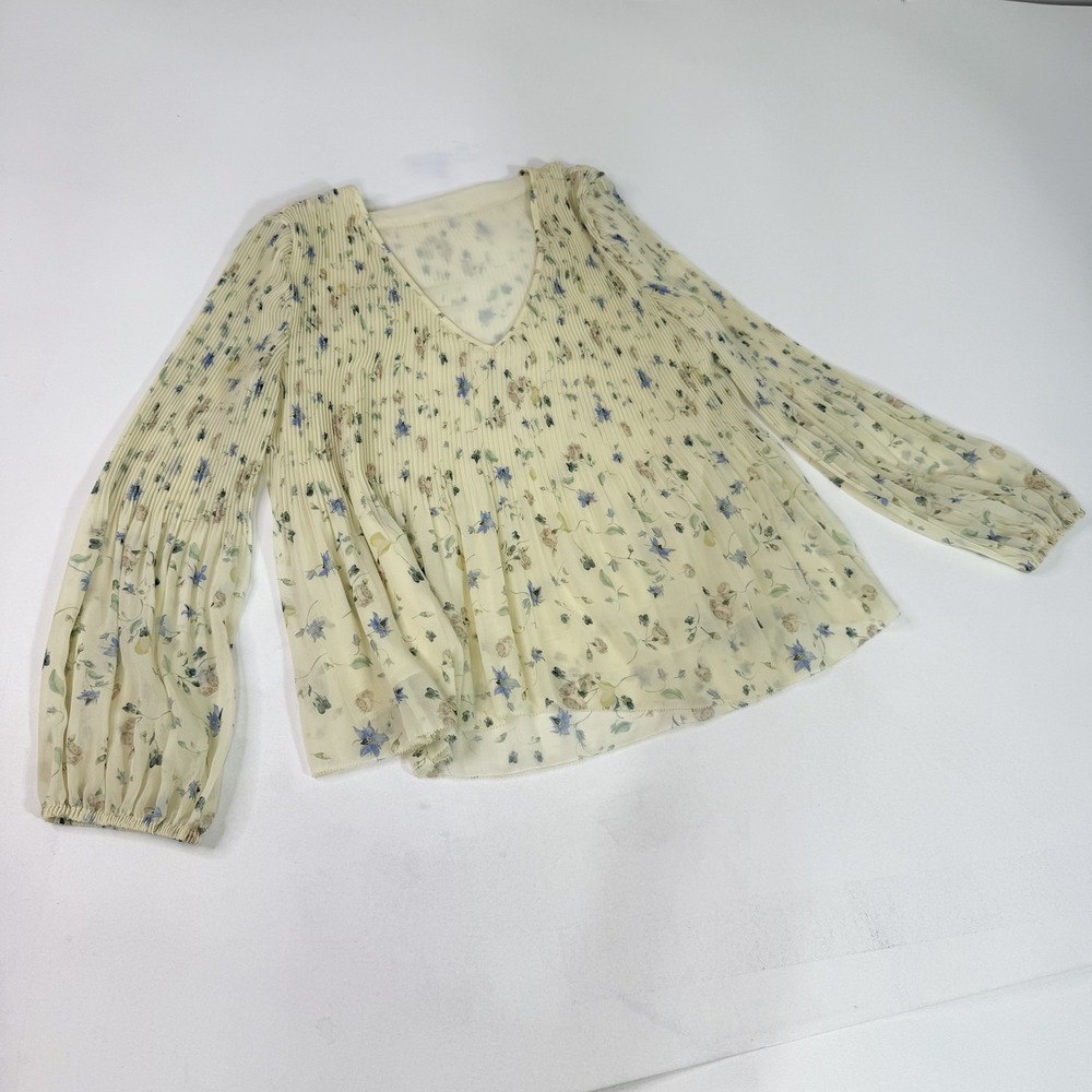 Wilfred Blouse Womens Medium Yellow Blue Floral Pleated Long Sleeve Sheer Top